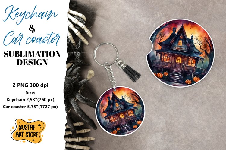 Halloween Keychain & Car coaster sublimation. Spooky house example image 1