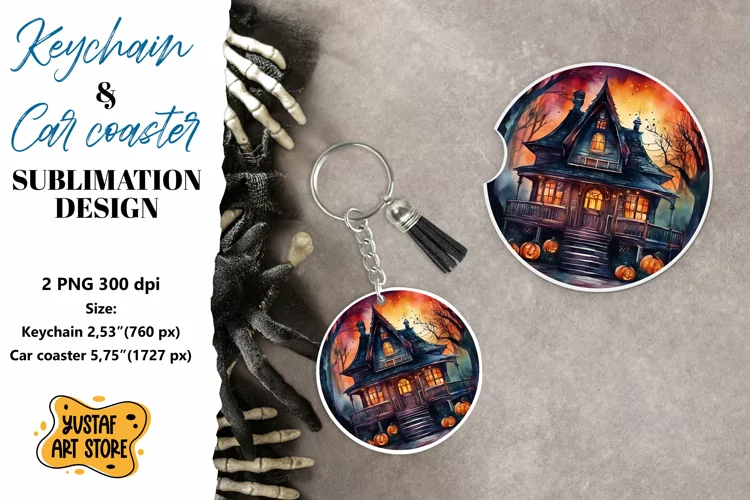 Halloween Keychain & Car coaster sublimation. Spooky house