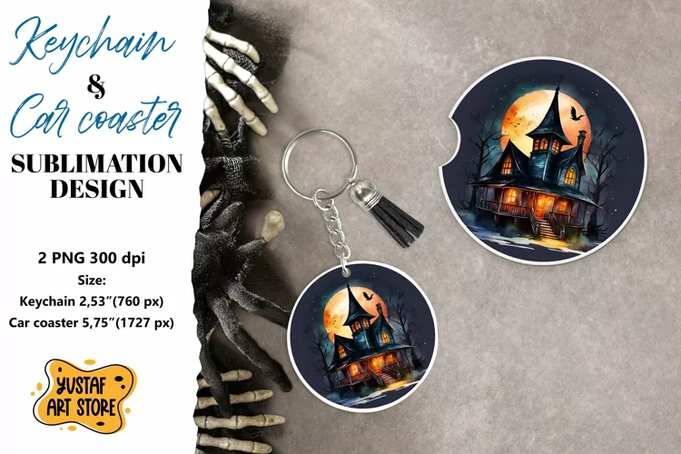 Halloween Keychain & Car coaster sublimation. Spooky house