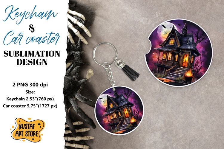 Halloween Keychain & Car coaster sublimation. Spooky house example image 1