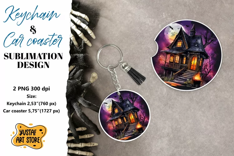 Halloween Keychain & Car coaster sublimation. Spooky house