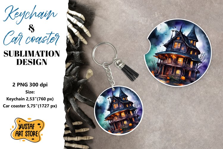 Halloween Keychain & Car coaster sublimation. Spooky house example image 1