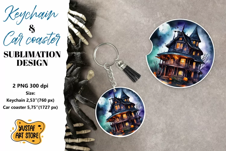 Halloween Keychain & Car coaster sublimation. Spooky house