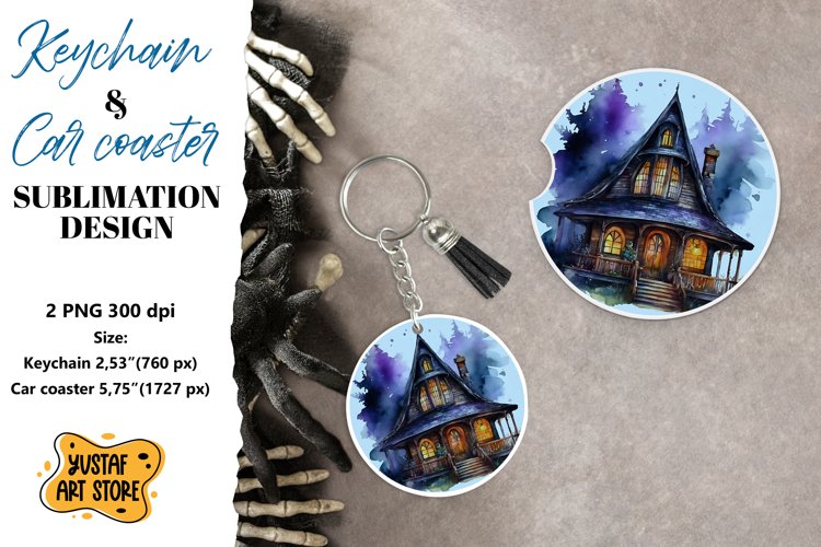 Halloween Keychain & Car coaster sublimation. Spooky house example image 1