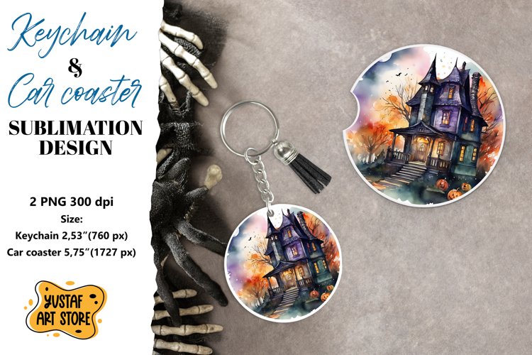 Halloween Keychain & Car coaster sublimation. Spooky house example image 1