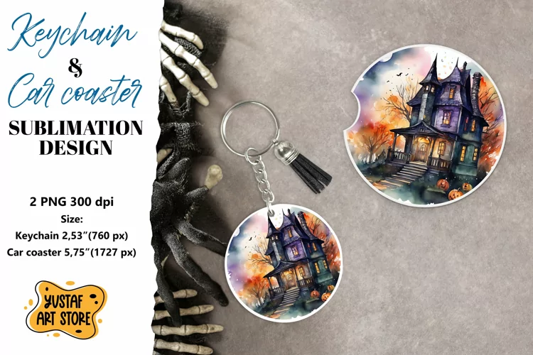 Halloween Keychain & Car coaster sublimation. Spooky house