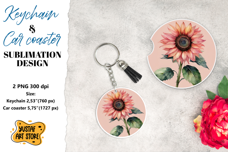 Sunflower Keychain & Car coaster sublimation. example image 1