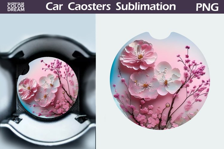 Pink Flowers Car Coaster | 3D Flowers Round Coaster example image 1