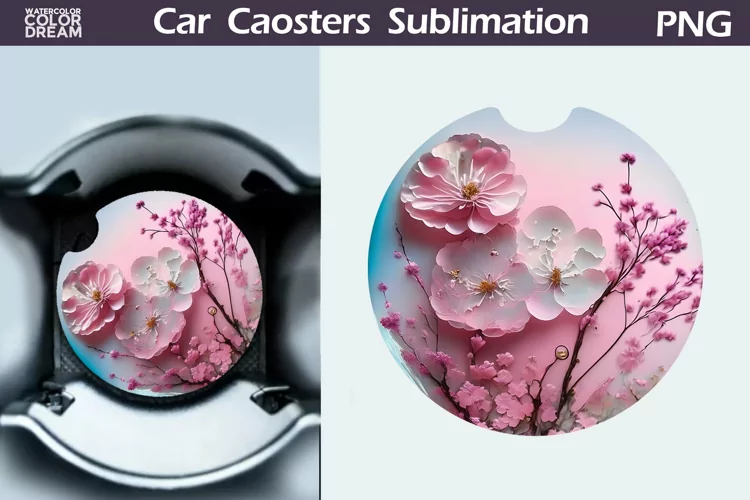 Pink Flowers Car Coaster | 3D Flowers Round Coaster