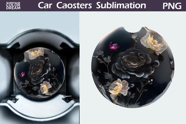 Black Flowers Car Coaster | 3D Flowers Round Coaster example image 1
