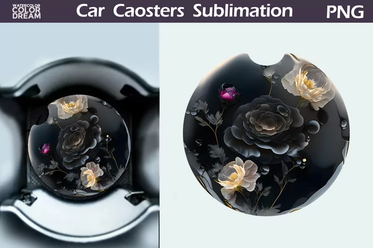 Black Flowers Car Coaster | 3D Flowers Round Coaster