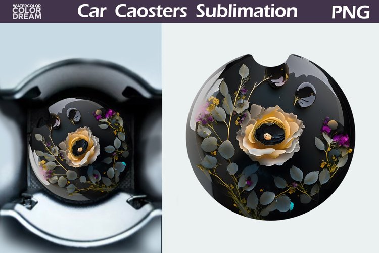 Black Flowers Car Coaster | 3D Flowers Round Coaster example image 1