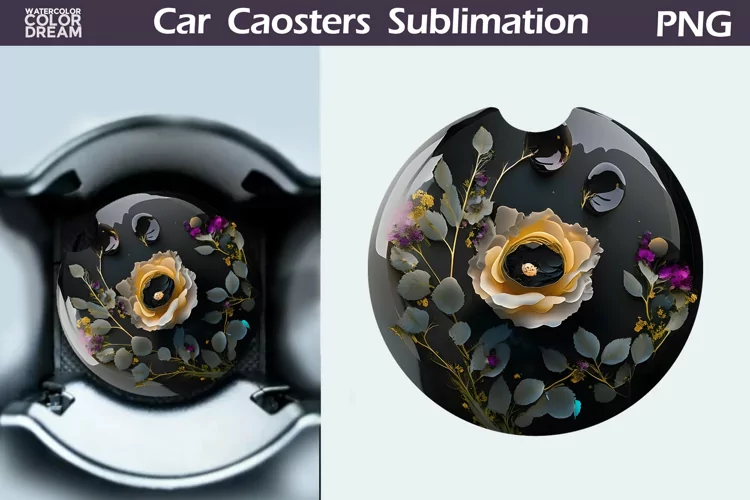Black Flowers Car Coaster | 3D Flowers Round Coaster