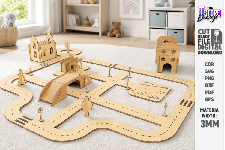 Wooden Toy Car Track Playset Laser Cut | 3D Modular Toy Road