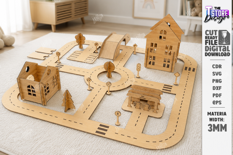 Wooden Toy Car Track Playset Laser Cut | 3D Modular Toy Road