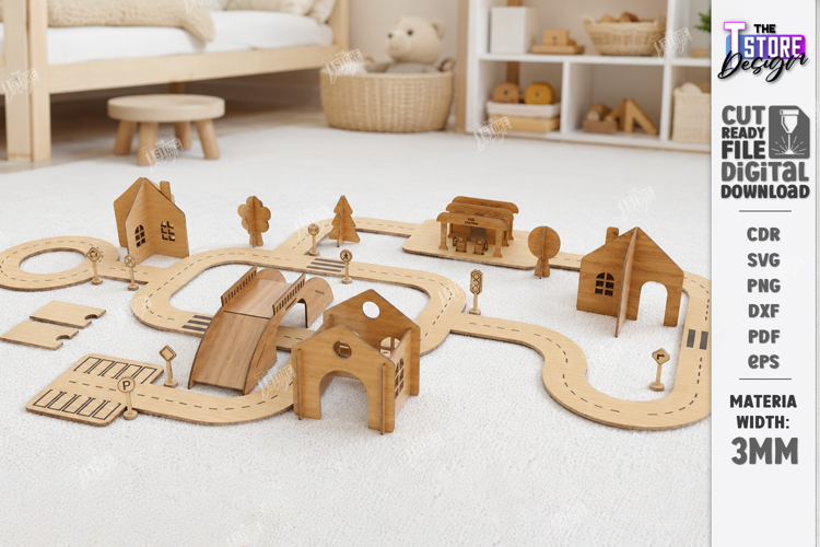 Wooden Toy Car Track Playset Laser Cut | 3D Modular Toy Road