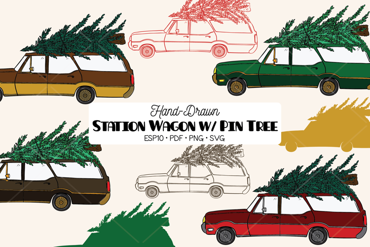 Color Station Wagon Car Christmas | Tree on Roof Top Holiday
