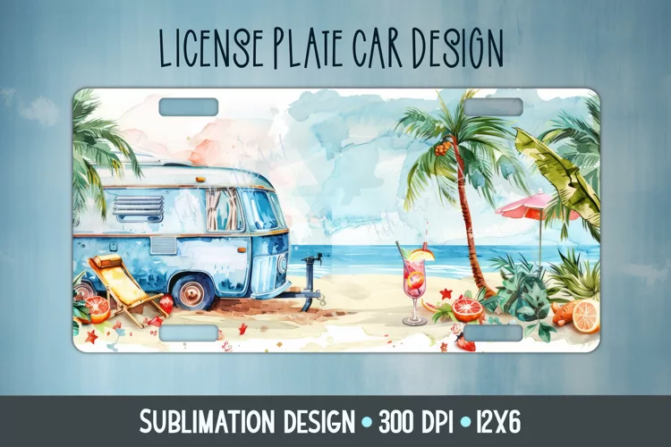 Beach Camper Car Plate Sublimation Design Png