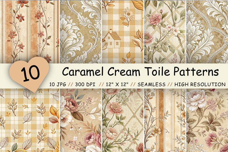 Caramel Cream Toile Digital Paper Pack, Vintage Floral Toile