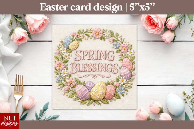 Spring Blessings Easter Card printable Faux embroidery