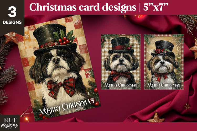 Cute Shi Tzu Dog Retro Christmas card Merry Christmas print
