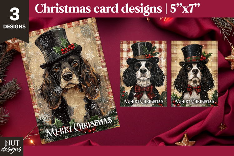 Cute Spaniel Dog Retro Christmas card Merry Christmas print