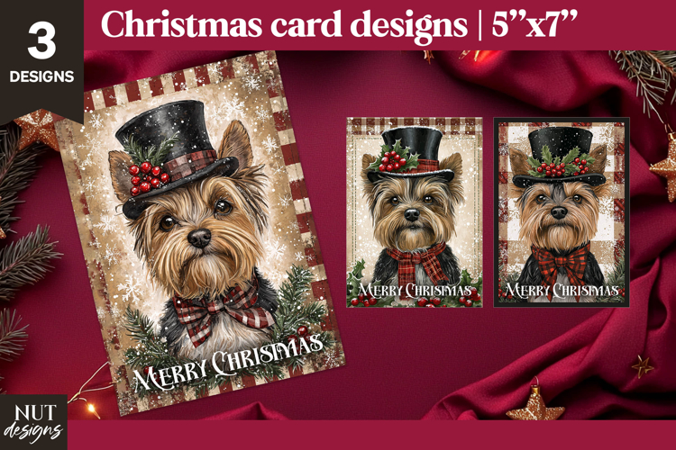 Cute Yorkshire terrier Retro Christmas card Merry Christmas