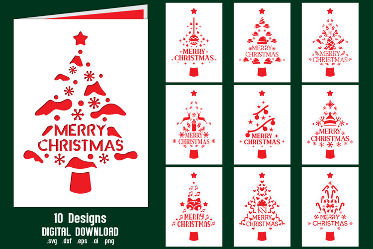 BUNDLE - 10 Merry Christmas Card Template, DIY Papercut