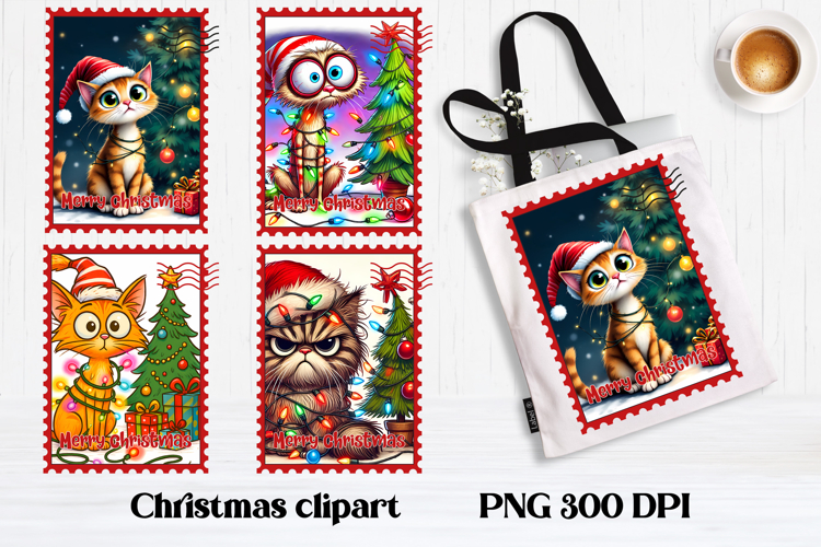 Cute Christmas cat clipart PNG | Christmas postage stamp