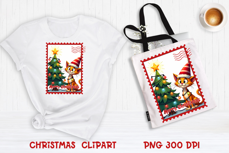 Cute Christmas cat clipart PNG | Christmas postage stamp