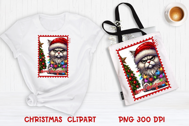 Cute Christmas cat clipart PNG | Christmas postage stamp