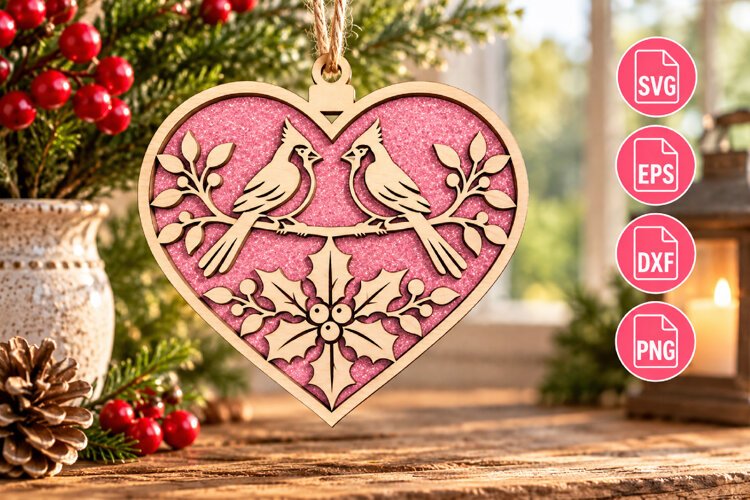 Cardinal Birds Heart SVG Laser Cut example image 1