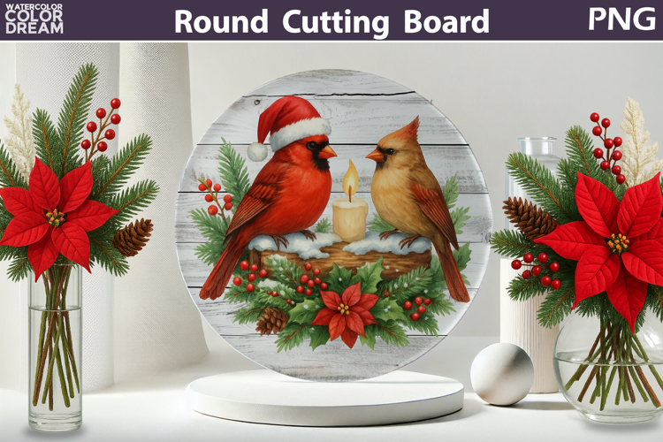 Christmas Cardinal Kitchen | Round Cutting Board Sublimation