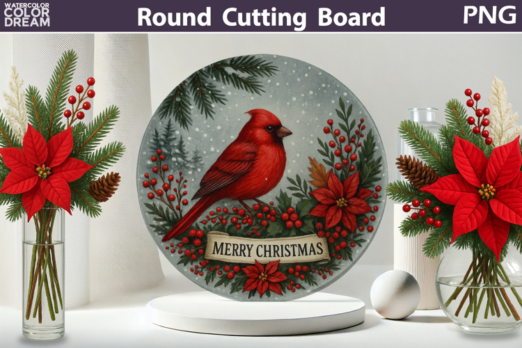 Christmas Cardinal Kitchen | Round Cutting Board Sublimation