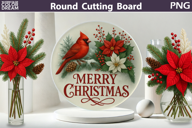 Christmas Cardinal Kitchen | Round Cutting Board Sublimation