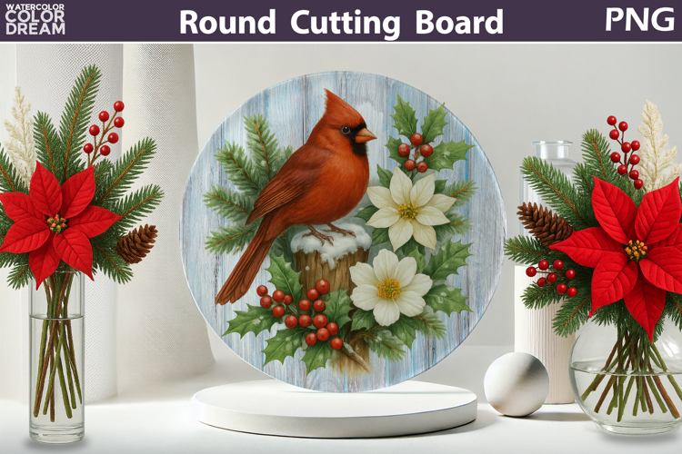Christmas Cardinal Kitchen | Round Cutting Board Sublimation