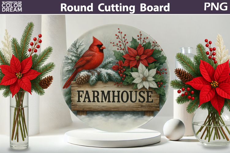Christmas Cardinal Kitchen | Round Cutting Board Sublimation