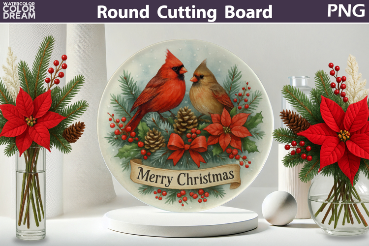 Christmas Cardinal Kitchen | Round Cutting Board Sublimation