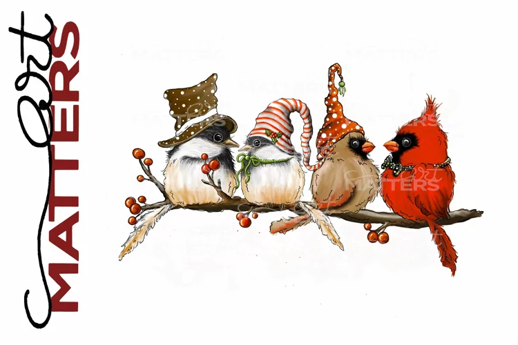 Cardinals & Chickadees Branch - 300 DPI - Hand Painted