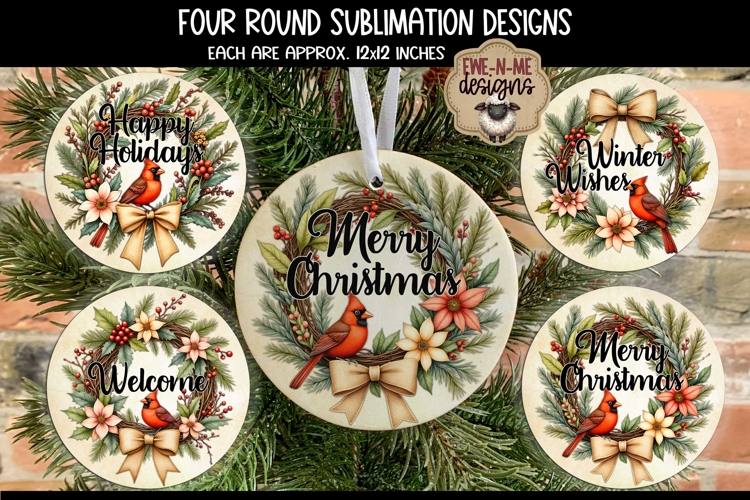 Cardinal Wreath Round Sublimation Designs | Four Round PNGs