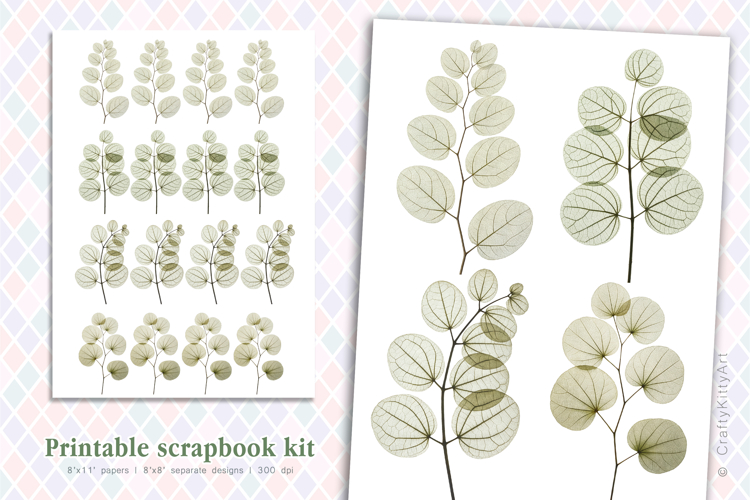 Botanical realistic green Leaves, Printable scrapbooking kit example image 1