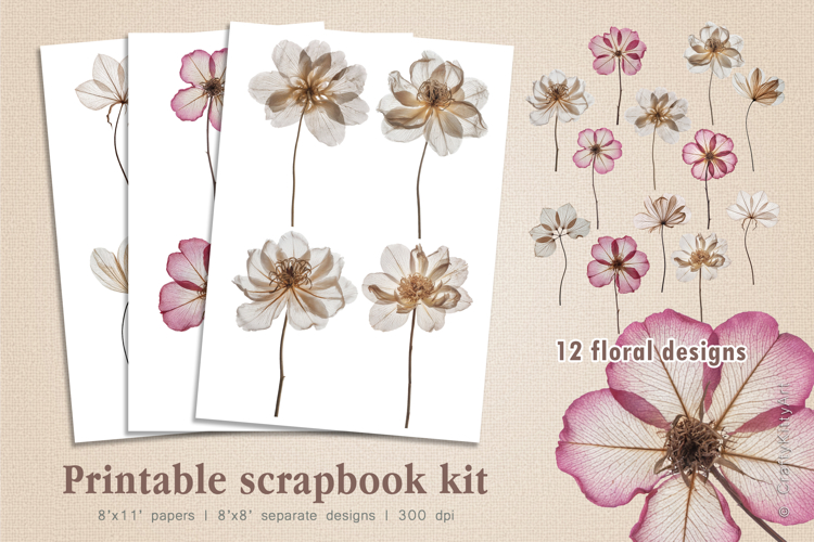 Botanical dried wildflowers, Printable scrapbooking kit example image 1