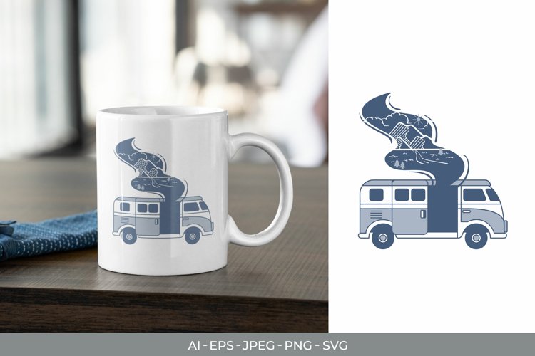 Classic Van with Smoke Mountain View Illustration example image 1