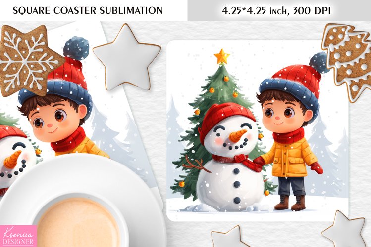 Cute Happy Snowman and Little Boy|Christmas Square Coaster
