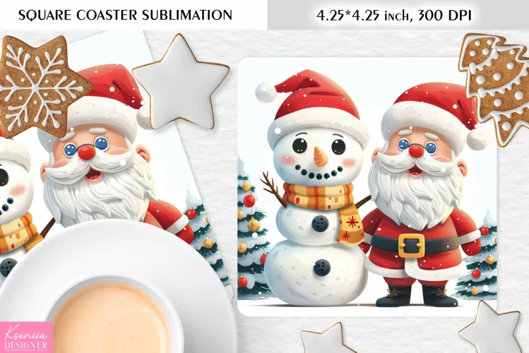 Cute Snowman and Santa|Christmas Square Coaster Sublimation