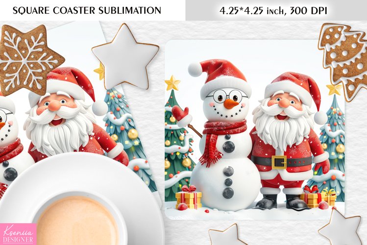 Cute Snowman and Santa|Christmas Square Coaster Sublimation