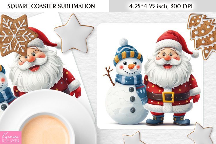 Cute Snowman and Santa|Christmas Square Coaster Sublimation example image 1