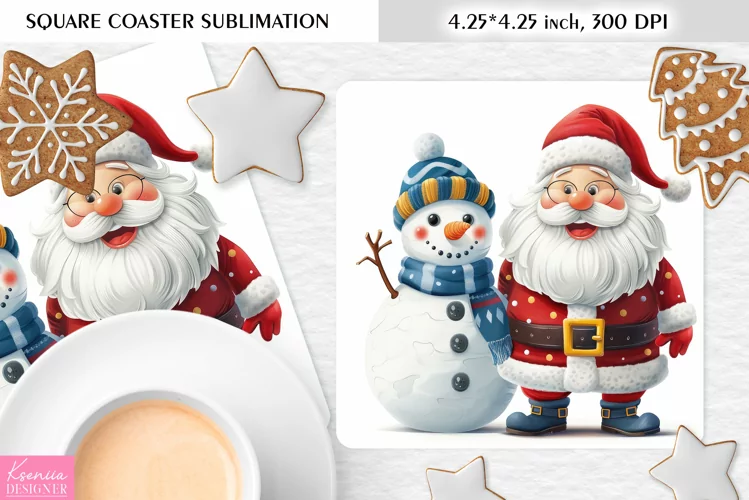 Cute Snowman and Santa|Christmas Square Coaster Sublimation