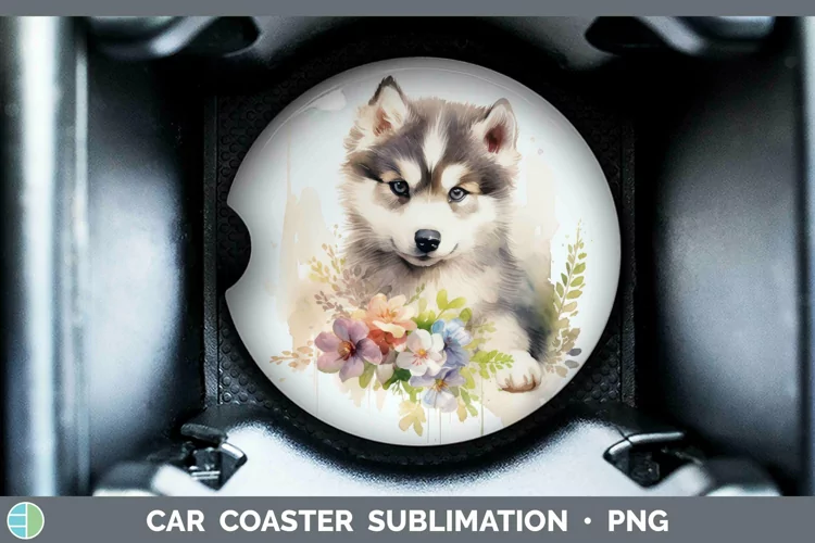 Cartoon Watercolor Alaskan Malamute Car Coaster | Sublimatio
