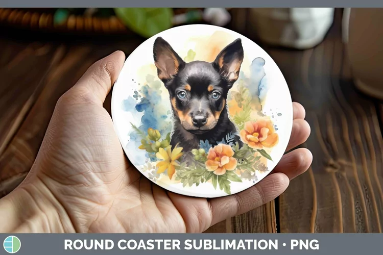 Cartoon Watercolor Australian Kelpie Round Coaster | Sublima